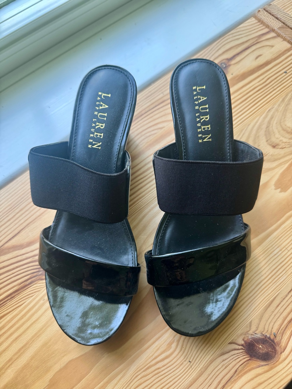 LAUREN Ralph Lauren Black Patent & Elastic Slide Mules